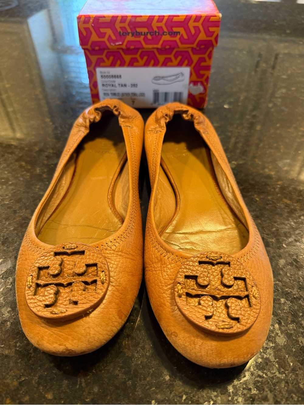 Tory Burch Reva Tumbled Leather Ballet Flats Royal Tan Size 7